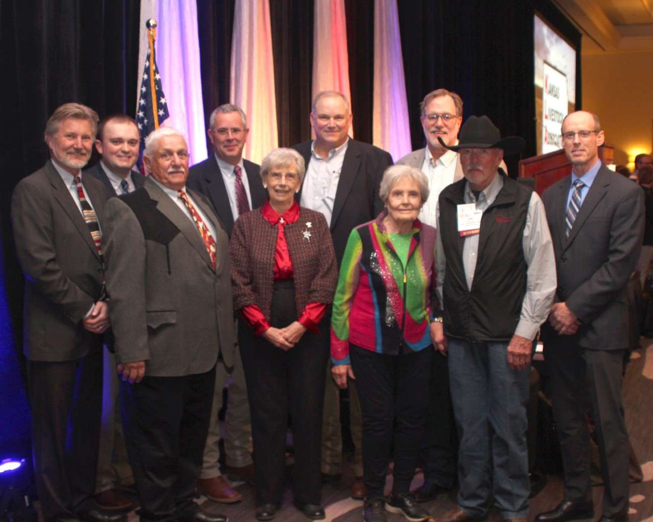 KLA members honored for 50 years of membership (front row) Steve Niemack, Stockgrowers State Bank; Dick Poovey, Stockgrowers State Bank; Marcella Holbrook, Washington; Barbara and Donald Lonker, Medicine Lodge; Ken Kirsop, Stockgrowers State Bank; (back row) Evan Woodbury, Citizens State Bank; Diltz Lindamood, Citizens State Bank; Mark Raaf, Citizens State Bank; and Roy Brown, representing Cattle Empire LLC.