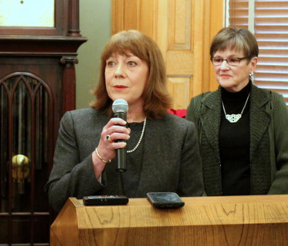 Judge Evelyn Wilson and Gov. Laura Kelly at Montay's anouncement photo Stephen Koranda-Kansas news Service.