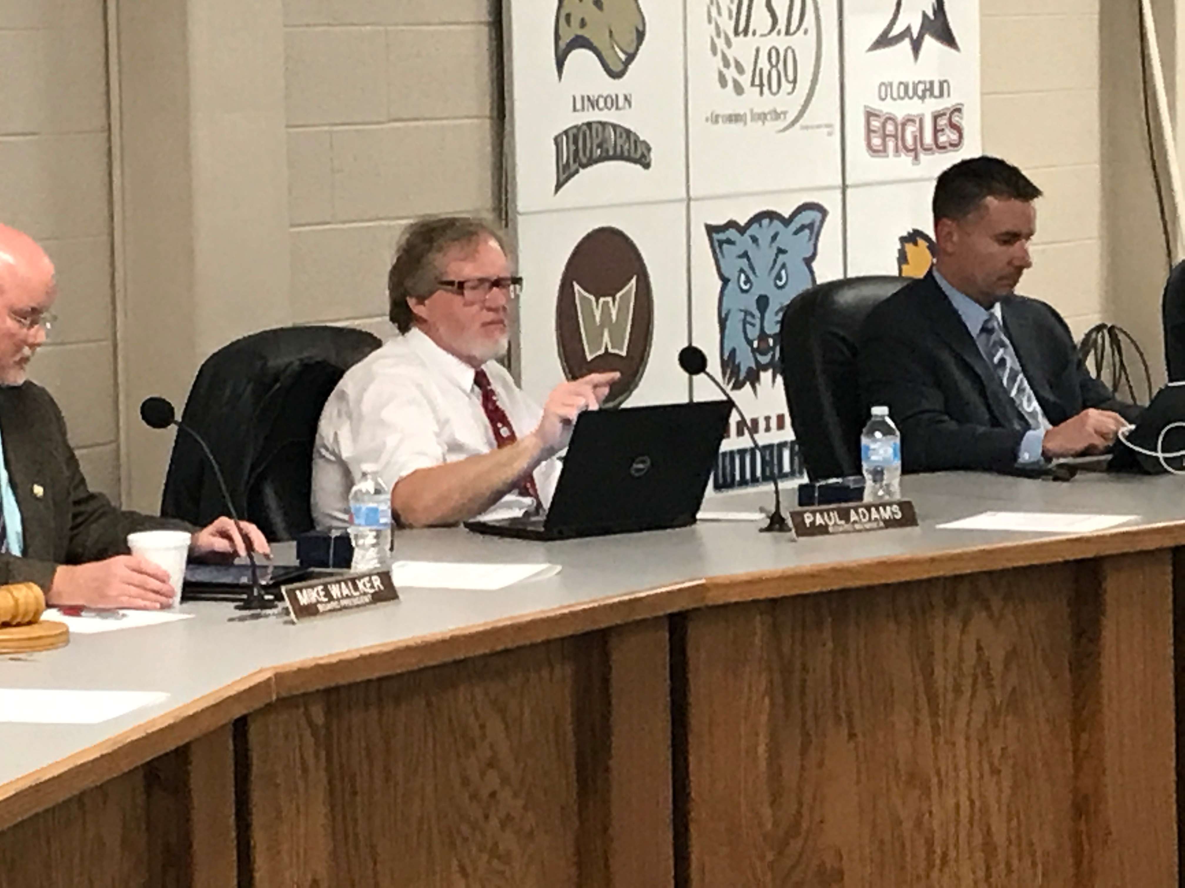 Outgoing board members Paul Adams, left, and Greg Schwartz were also thanked for their service. Outgoing&nbsp; board member Mandy Fox was not at the meeting Monday night.