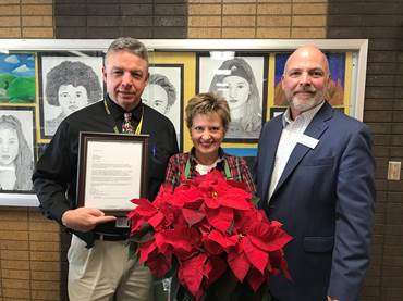 L to R: Hays Middle School Principal Tom Albers, CCATE recipient&nbsp;Kimberly Schneweis, and California Casualty’s Shawn Courtney.