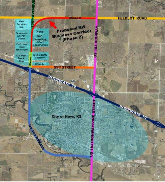 The Northwest Business Corridor project improves the width&nbsp;and surface condition of two existing county&nbsp;roads along a four-mile stretch north and west&nbsp;of Hays. (Map courtesy Ellis County)