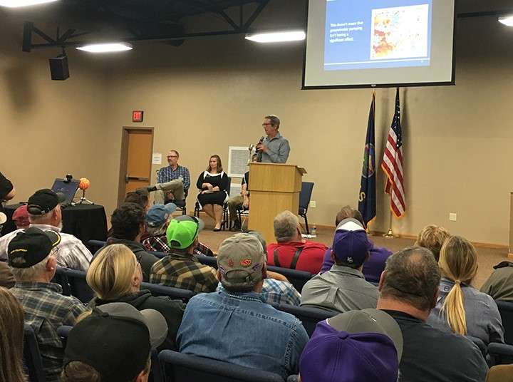 Chief Engineer David Barfield presents information about Kansas water rights at a public meeting in St. John in October.