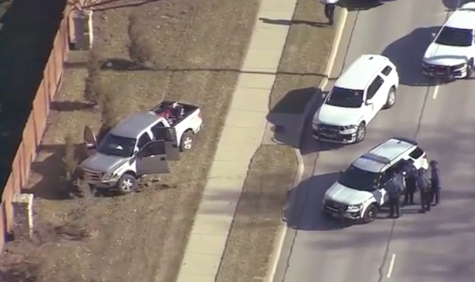 Tuesday crash scene photo <a href="https://www.kmbc.com/article/overland-park-kansas-police-take-burglary-suspect-into-custody-after-high-speed-pursuit/30432201">courtesy KMBC TV</a>