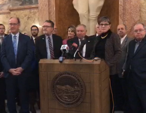 Governor Kelly and&nbsp; Senate Majority Leader Jim Denning take questions during Thursday news conference in Topeka -image courtesy office of Kansas governor