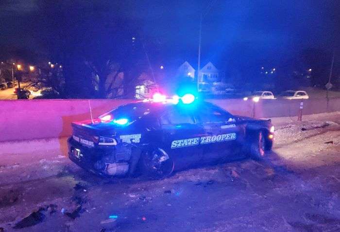 A Nebraska State Patrol Trooper was responding to assists motorists during a winter storm in South Omaha when their cruiser was struck by another vehicle. (NSP Photo)