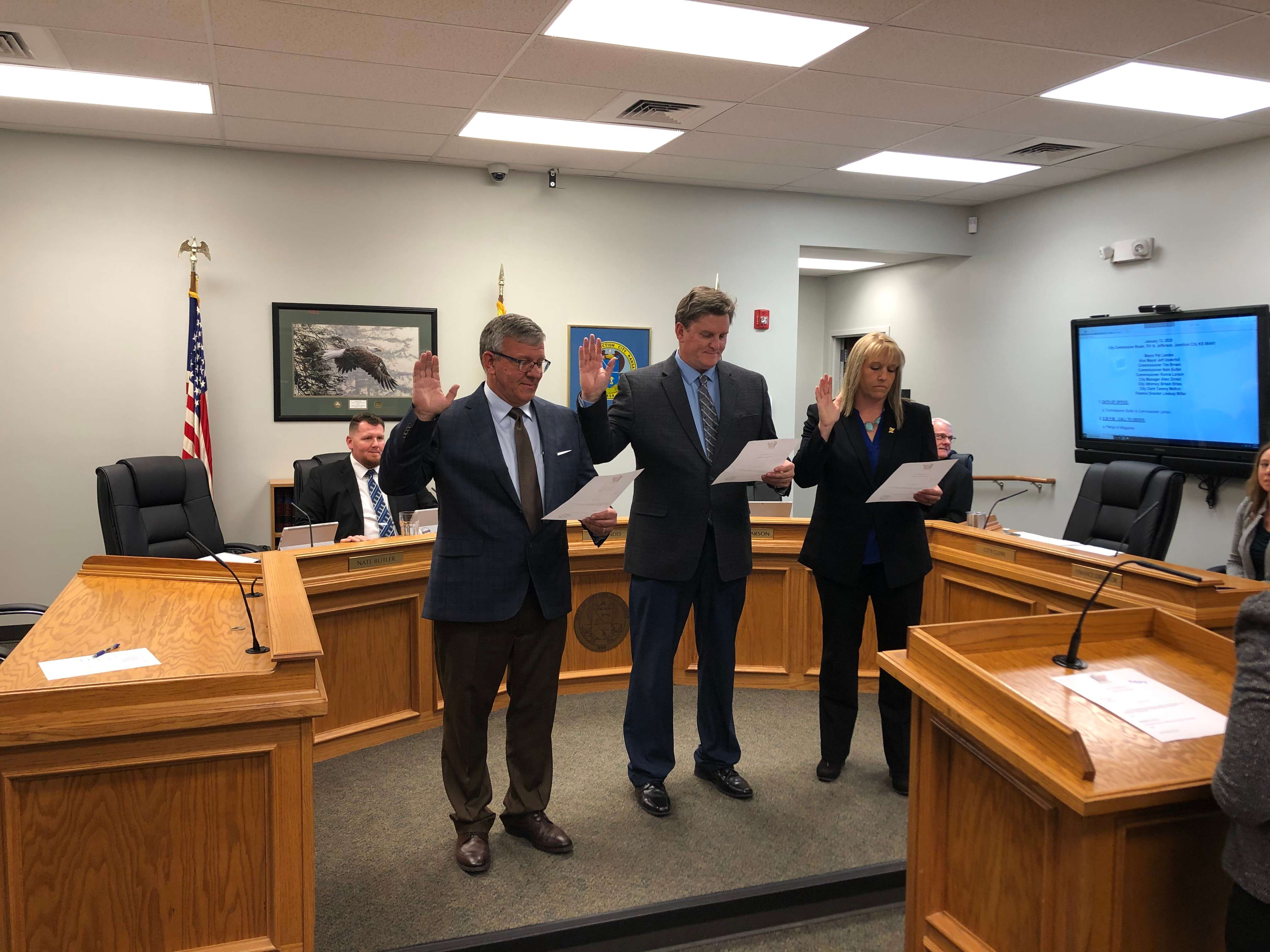 ( L-R ) Junction City Commissioners Nathan Butler, Pat Landes and Ronna Larson.