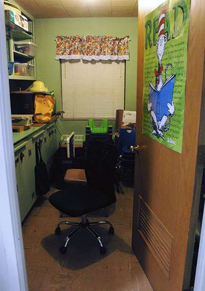 Lactating mothers have to use this closet, which is also used for storage. Storage is lacking in the building. Most of the other closets in the school are used as offices.