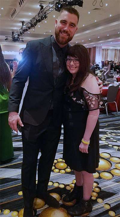 Sophia Linenberger with Chiefs tight end Travis Kelce at the Patrick Mahomes foundation gala in November. Courtesy photo