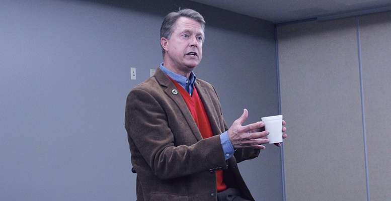 U.S. Rep. Roger Marshall, R-Kansas, talks to constituents Thursday at HaysMed.