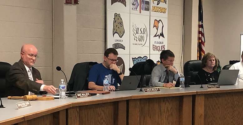 The Hays USD4 489 school board hears a builds and grounds report Monday night.