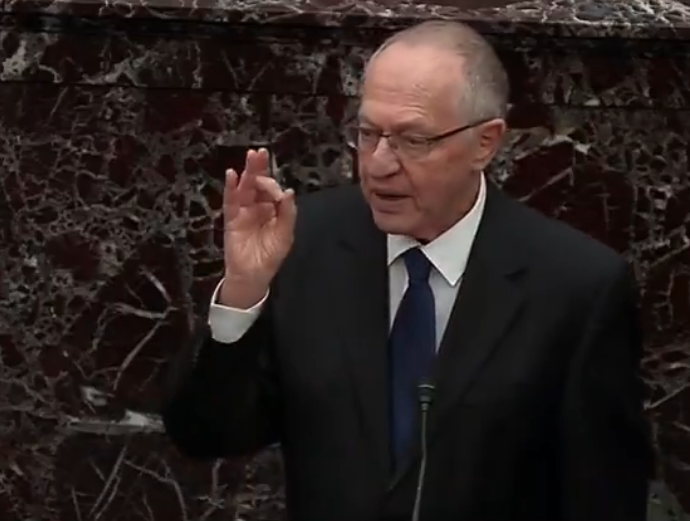Alan Dershowitz, an attorney for the President speaks during the impeachment trial against Trump in the Senate on Monday image courtesy CSPAN