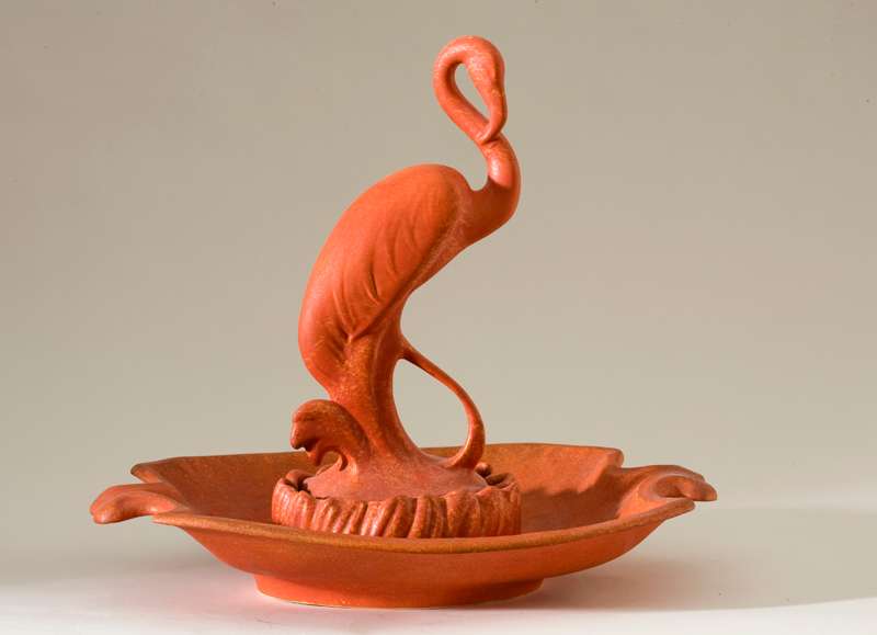 <b>Waylande Gregory's "Flamingo Figure and Console Set" was made in 1930 while he was with Cowen Pottery in Rocky River, Ohio. The glazed earthenware, which is 14 x 15 x 11 inches, is part of a private collection.</b> Photo courtesy KSU