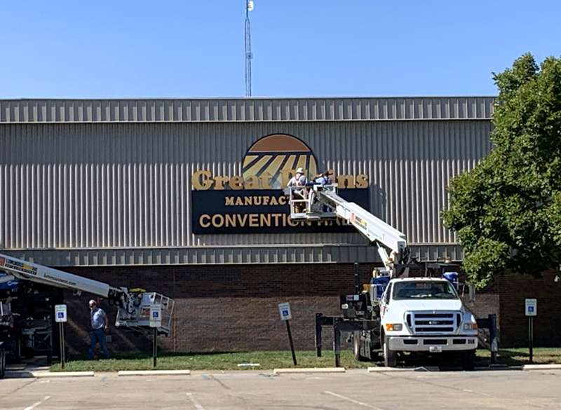 <b>The new Great Plains Manufacturing Convention Hall sign.</b> Salina Post photo