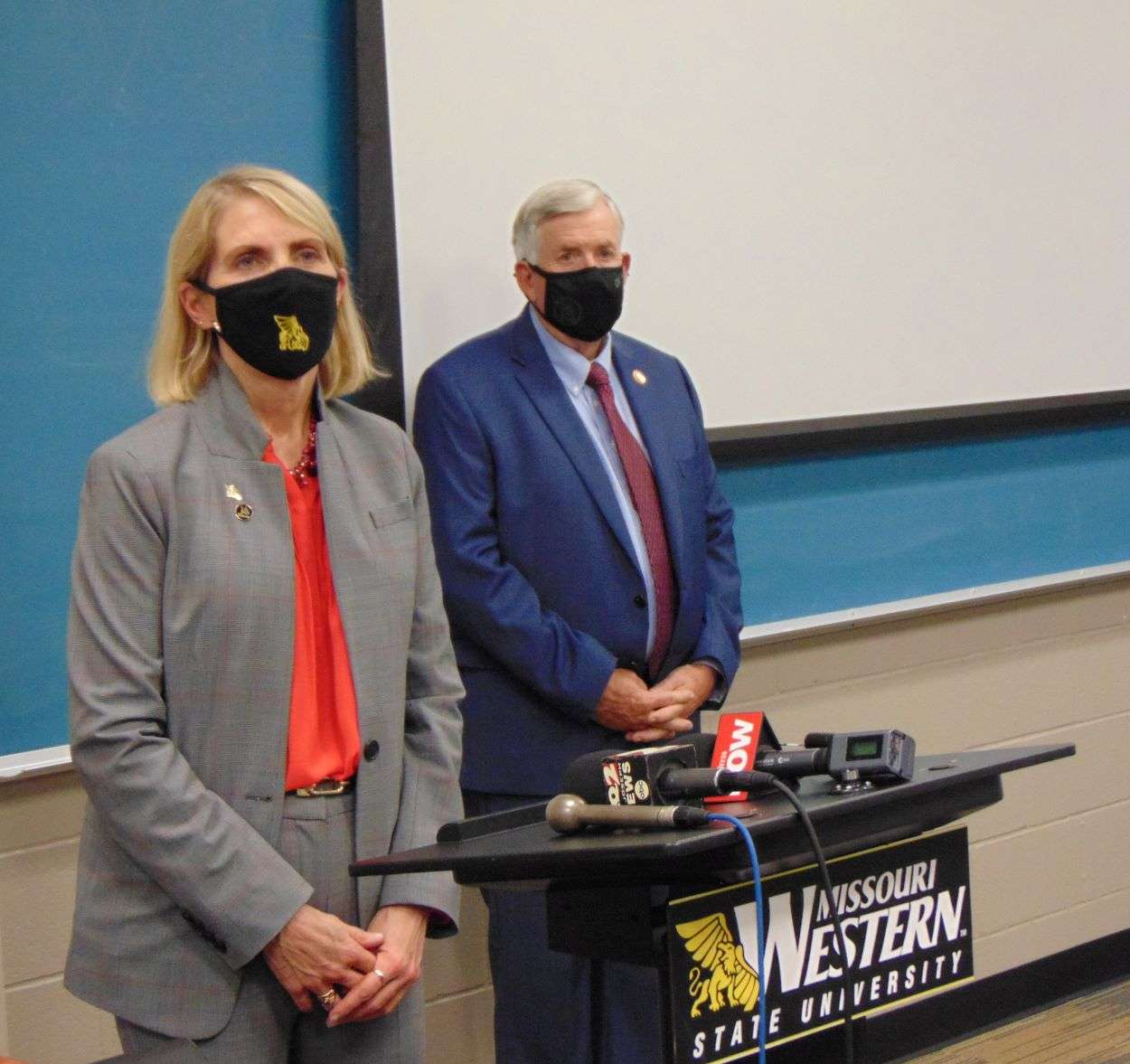 MWSU President Elizabeth Kennedy and Gov. Mike Parson address a news conference after the ribbon cutting/Photo by Brent Martin