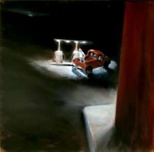 <b>“Weide Gas Station” was among the paintings exhibited at Fort Hays State University’s Moss-Thorns Gallery as part of the 2017 exhibition “Works of Mike Hartung.”</b> (Submitted by Mike Hartung to Kansas Reflector)