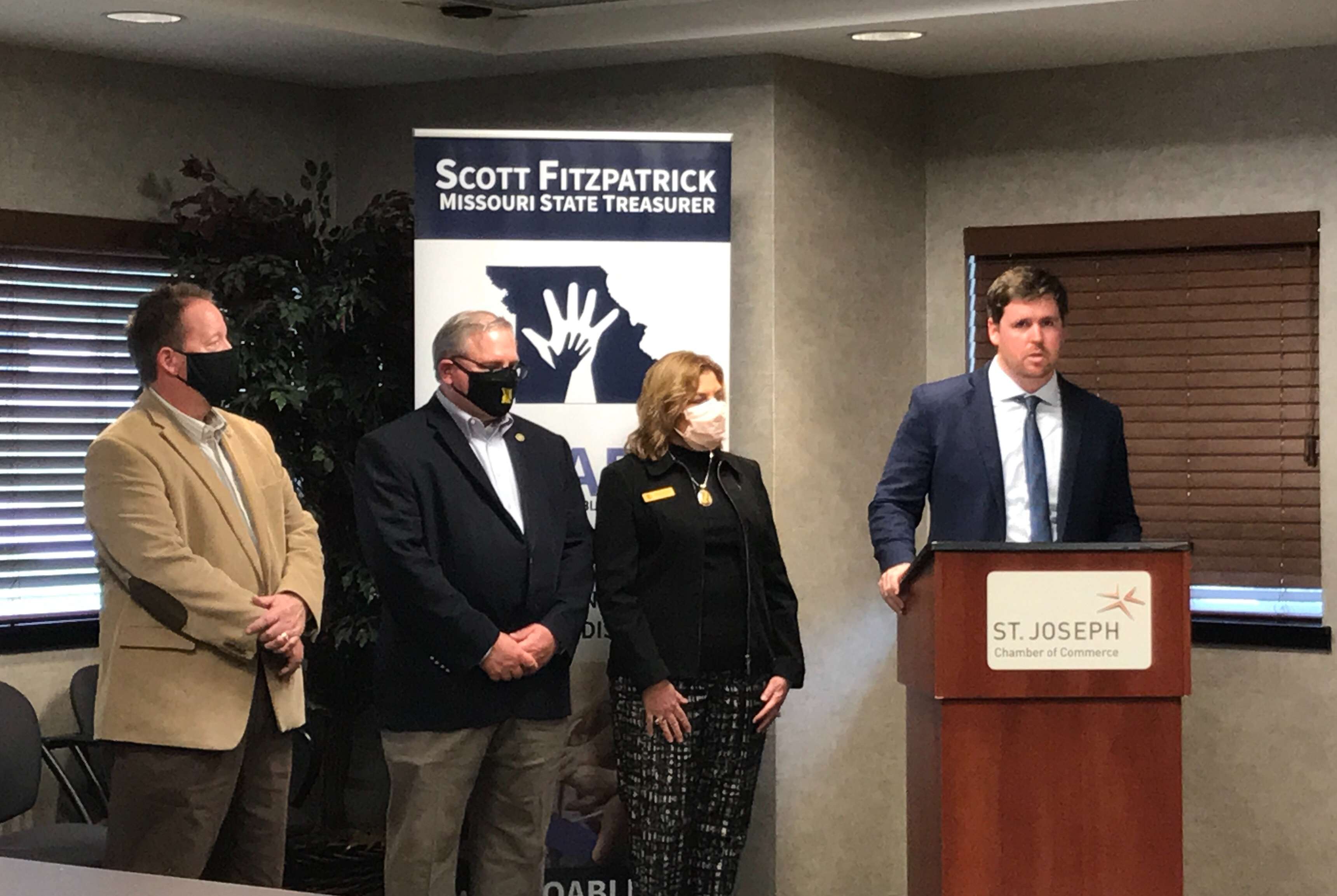 Missouri State Treasurer Scott Fitzpatrick made a stop in St. Joseph to announce a partnership with the Chamber of Commerce to promote inclusion and equity for employees with disabilities. Rep. Bill Falkner, Senator Dan Hegeman and Rep. Brenda Shields also attended the event. Photo by Sarah Thomack.