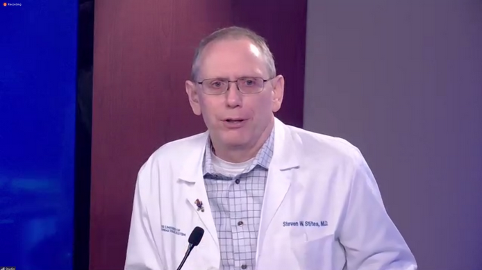 Steve Stites, the chief medical officer for the University of Kansas Health System, says the number of COVID-19 patients who need to be hospitalized has increased exponentially, putting hospitals in the Kansas City area in danger of not being able to treat patients. (Screenshot from virtual news briefing/Kansas Reflector)