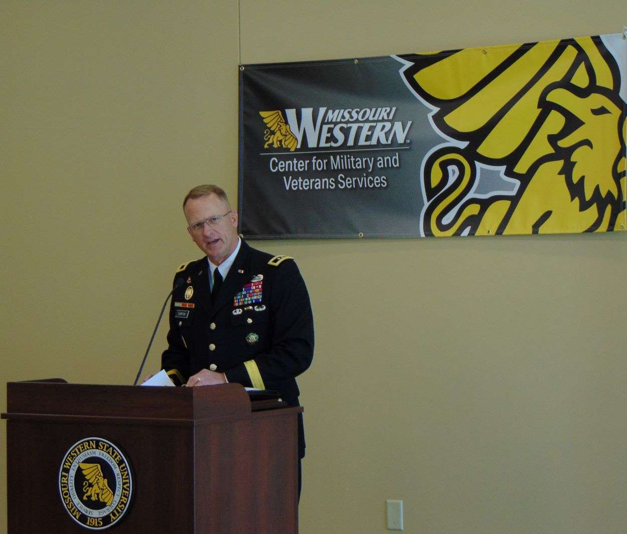 Missouri Adjutant General Levon Cumpton speaks at MWSU/Photo by Brent Martin