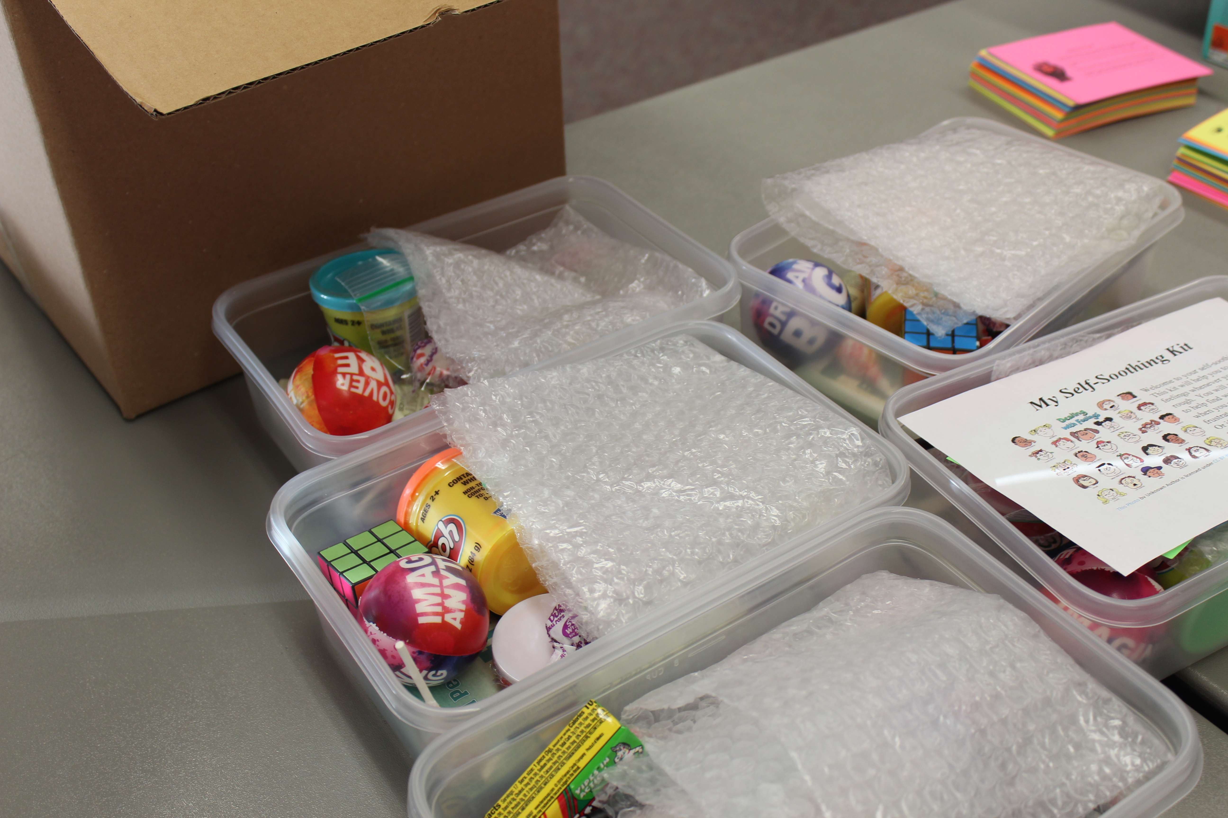 Some of the contents of the self-soothing boxes included Play-Doh, stress balls, puzzle games and chewing gum.