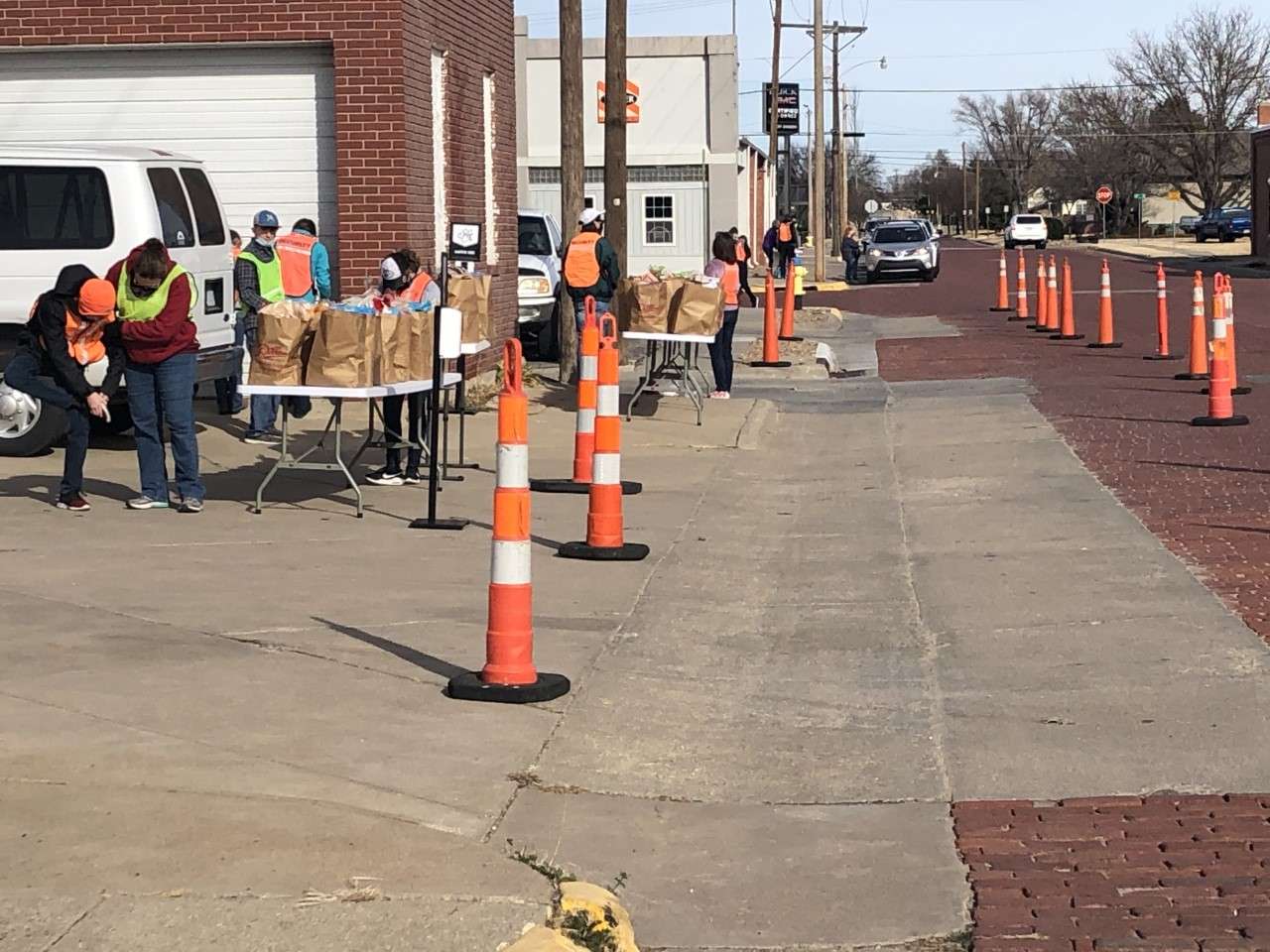 Setting up the grocery distribution area