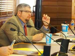 Rep. Kyle Hoffman’s question in regard to a timeline for addressing Pandemic Unemployment Assistance backlogs was one of several that acting labor secretary Ryan Wright was unable to answer immediately. (Noah Taborda/Kansas Reflector)