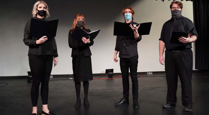 <i>Members of the North Platte Community College music department Melissa Mitchell, Kristin Simpson, Chris Terry, and Dylan Rogge rehearse ahead of a fundraiser for the North Platte Community Playhouse. (Courtesy Photo)</i>