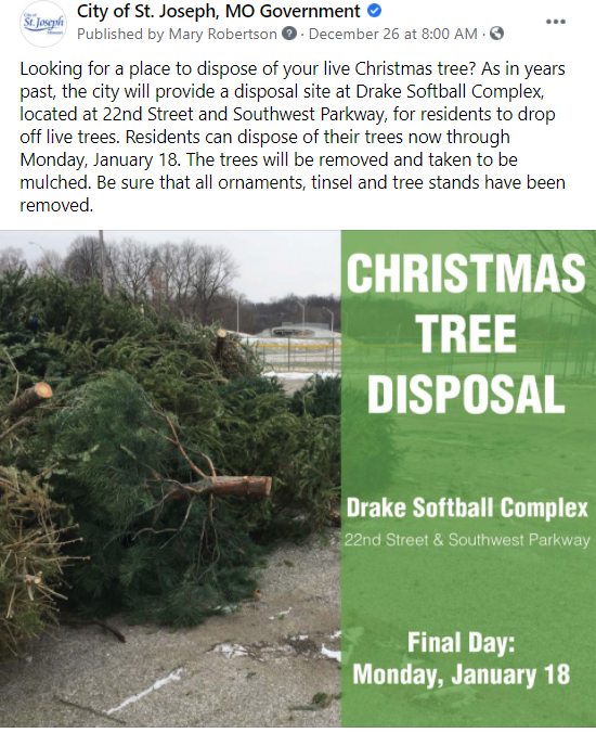 Christmas tree disposal notice, City of St. Joseph