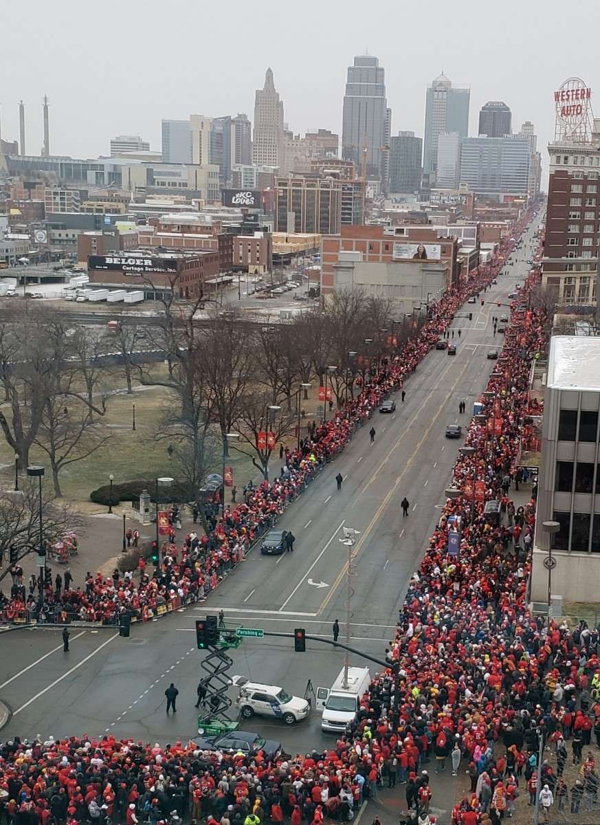 Aerial Drone Shot of Chiefs Super Bowl Parade in Kansas City