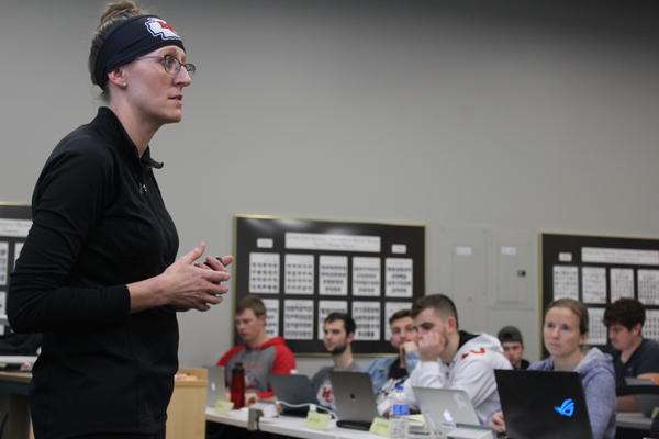 Wichita State University Assistant Teaching Professor Christina Ashbrook lectures students on physical therapy. Stephan Bisaha / Kansas News Service