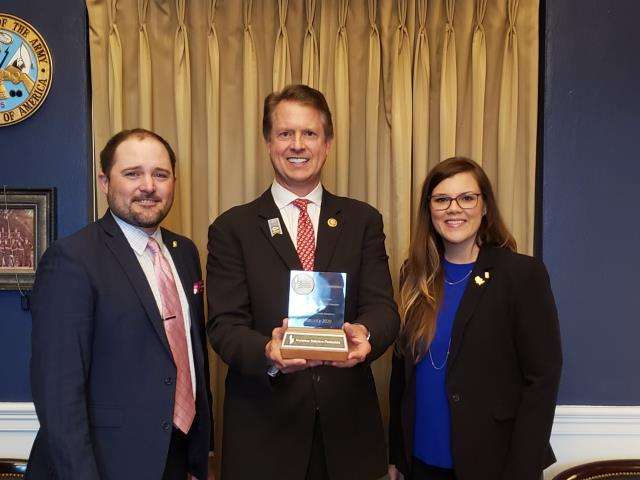 National Sorghum Producer&nbsp; Chairman&nbsp;<b>Dan Atkisson, Stockton, p</b>resents the 2019 Sorghum Congressional Award to Congressman Marshall.