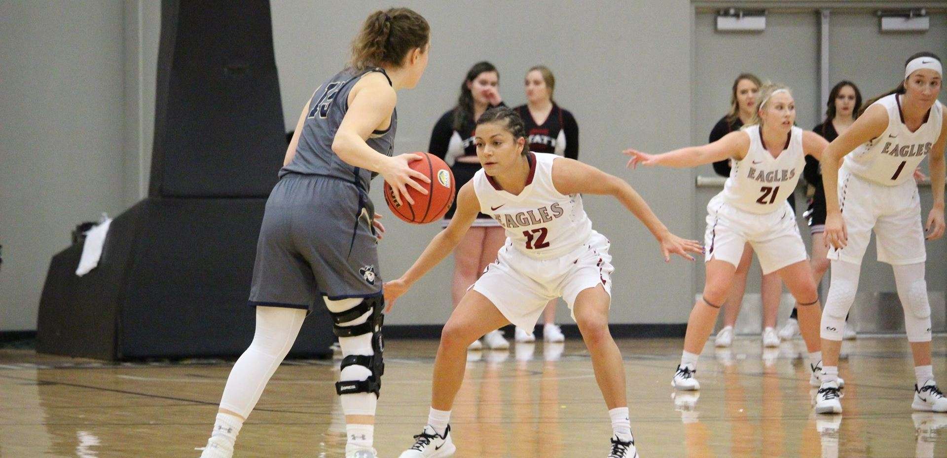 Jori Peters defends against SAD Mines in a game at Chicoine Center earlier this season.