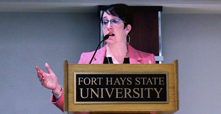 Dr. Mykel Taylor, associate professor at K-State, specializing in agricultural economics, talks about the financial strain on farmers during the Hope in the Heartland conference on mental health in agriculture Feb. 8 on the FHSU campus in Hays.