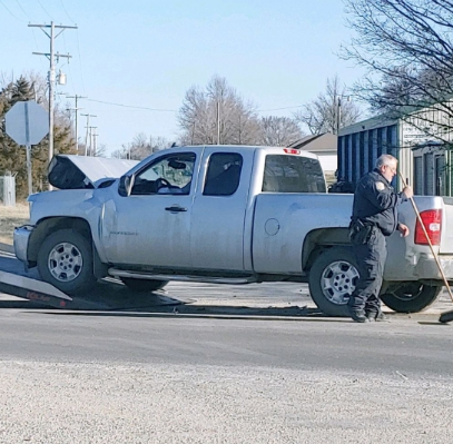 Pickup involved in Thursday's crash with a school bus. Photo by Tagan Trahoon <a href="https://kvoe.com/news/item/47490-update-medical-issue-a-possible-factor-in-pickup-school-bus-wreck-near-olpe">courtesy KVOE</a>