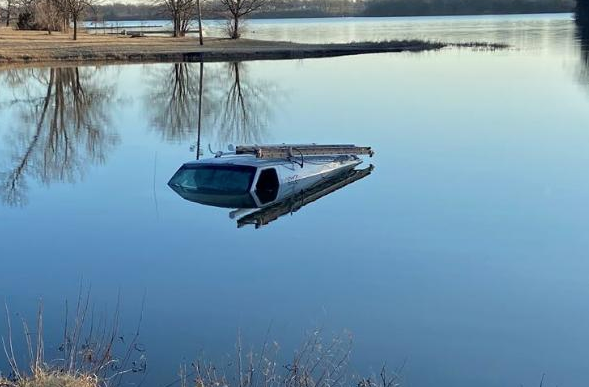 The van in Lake Shawnee early Friday -photo courtesy WIBW TV