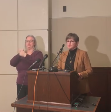 Governor Laura Kelly during a Monday news conference in Topeka