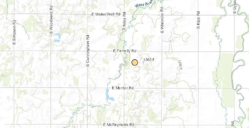 <b>The location of the Saline County earthquake.</b> Maps courtesy KGS