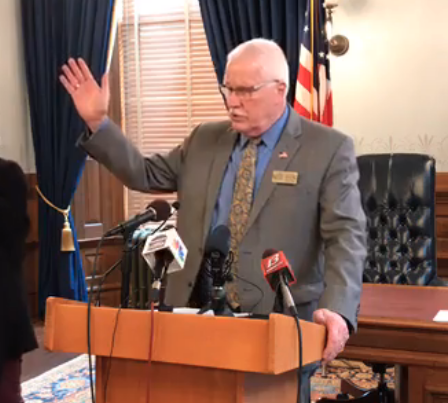 Kansas Health Secretary Dr. Lee Norman spoke to reporters Monday -image courtesy KDHE