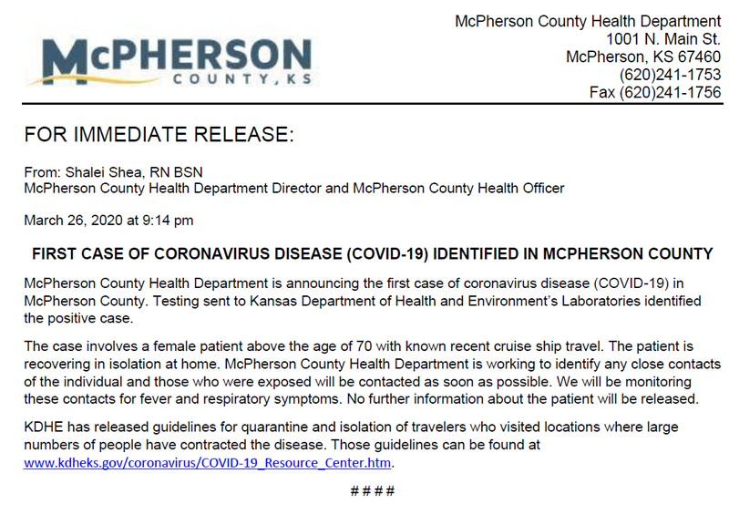 A notice from the <a href="https://www.facebook.com/McPhersonCountyHealthDepartment/">McPherson County Health Department </a>Facebook page