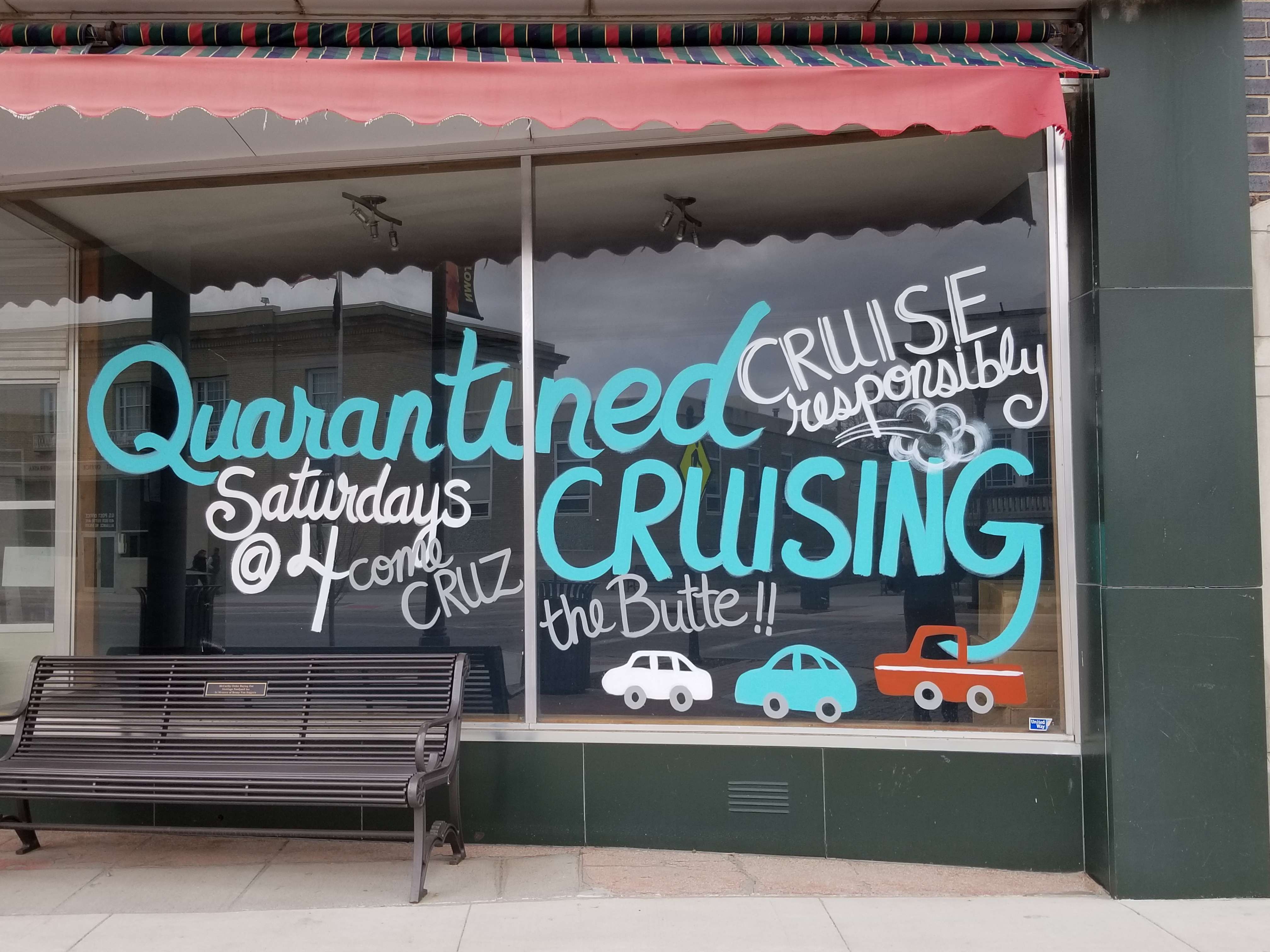 Cruise the Butte event will happen every Saturday in Alliance to promote social distancing. Window art designed by Kathy Worley.