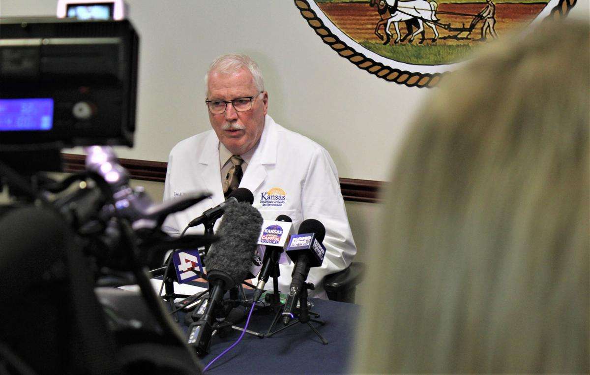  Health secretary Lee Norman talks to reporters about COVID-19. (Press briefings are now less crowded and follow social distancing rules.) Credit Jim McLean / Kansas News Service