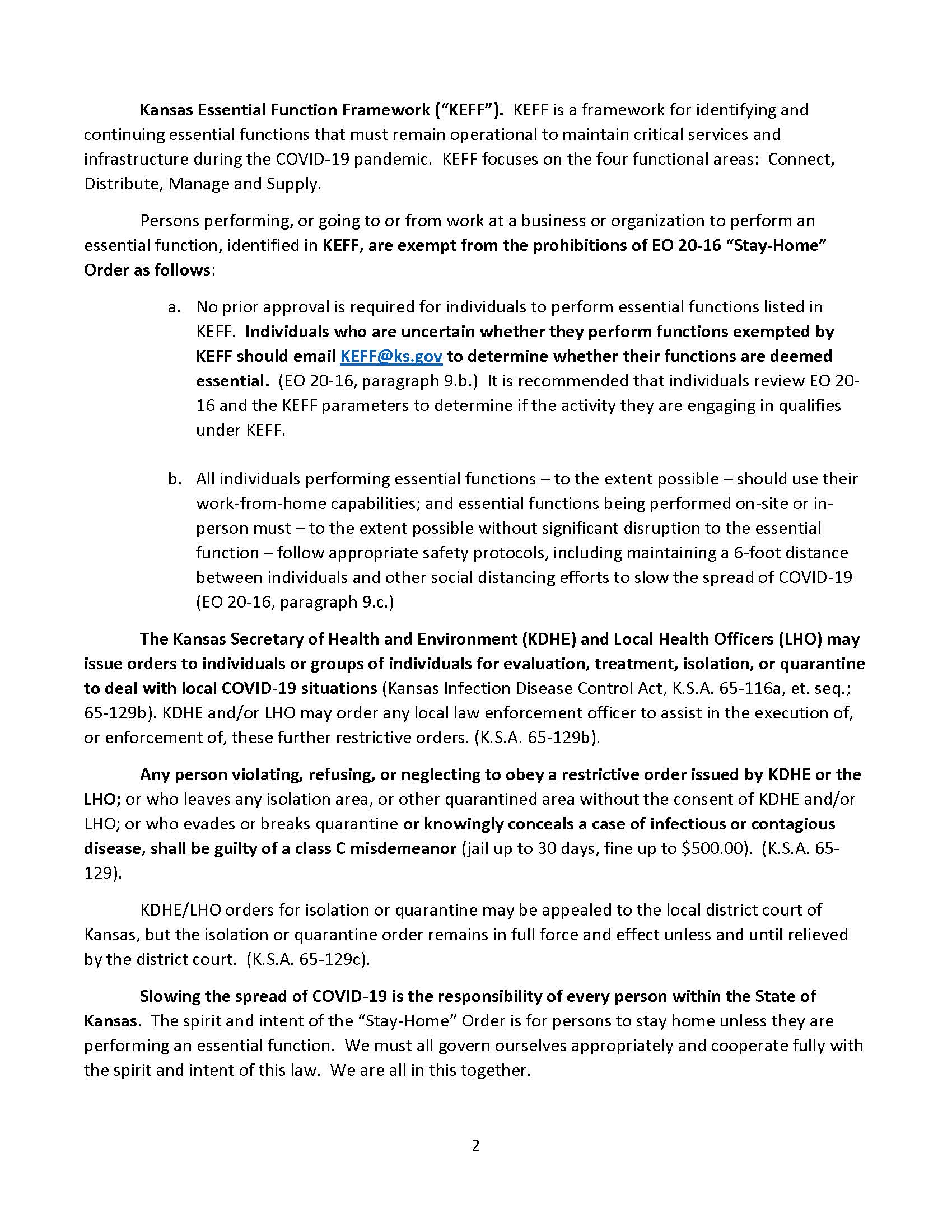 Information provided by Ellis County Attorney Tom Drees on how violations of the Kansas governor's executive stay-at-home order can be legally enforced.