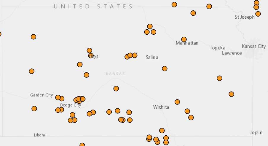 Online utility-scale wind projects in Kansas (Map by&nbsp;American Wind Energy Association)