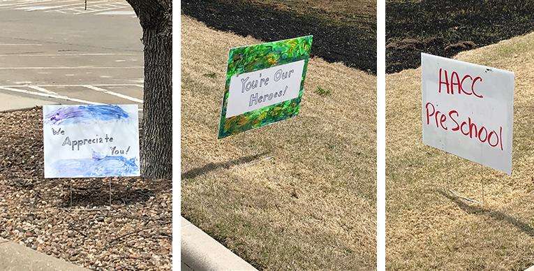 The Hays Area Children Center created signs to honor staff at HaysMed. The yard signs went up at HaysMed on Monday. Courtesy photos