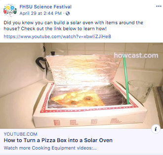 Watch a video on how to make a solar oven out of a pizza box. <a href="https://www.youtube.com/watch?v=xbwliZJiHe8&fbclid=IwAR3CjmExDh6YNCW7Noj3Ibc4gOz8f3JuimxFSzVhvaw0vOMNv3-BuLSWdfk" target="_blank">https://www.youtube.com/watch?v=xbwliZJiHe8</a>