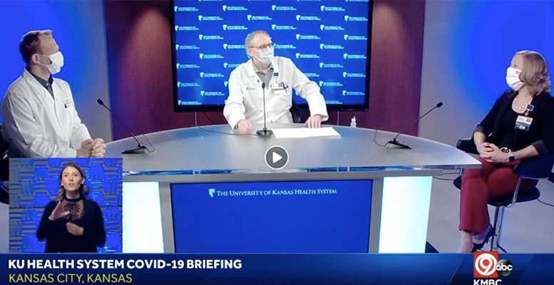 Dr. Steve Stites, center, chief medical officer at the KU Health System, answered&nbsp; questions about COIVD-19 Monday via Zoom. He was joined by Dr. Dana Hawkinson, medical director of infection prevention and control, and Amanda Gartner, RN, director of Quality and Safety.
