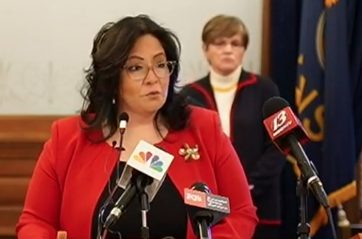 Kansas Labor Secretary Delía García answered questions during the governor's press conference Wednesday