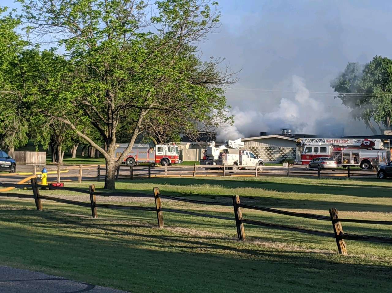 Hays firefighters at the scene of a fire Wednesday morning reported at the Smoky Hill County Club club house. (Photo by Jonathan Zweygardt/Hays Post)