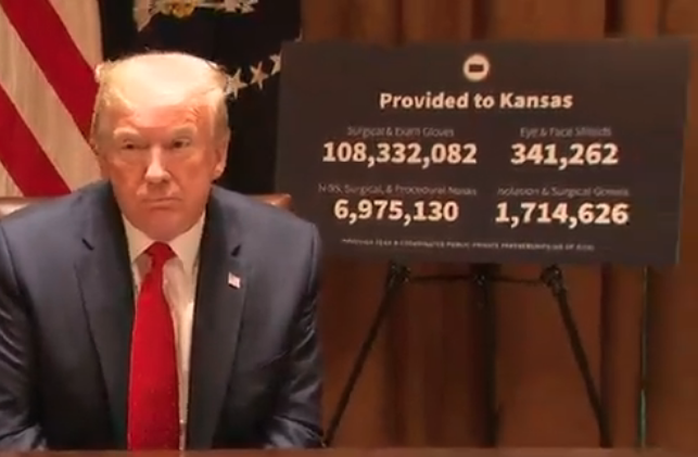 President Trump with a message board to show Governor Kelly what the Feds have done for Kansas during the pandemic providing 108, 332,082 surgical and exam gloves, 341,262 eye and face shields, 6,975,130 N95 masks and 1,714, 626 isolation and surgical gowns.