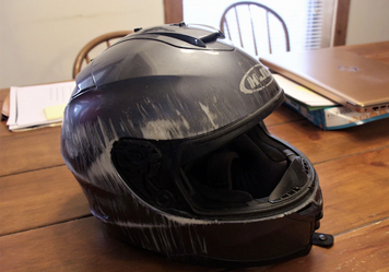 Letner broke his neck when he flew off his bike at highway speed, but protective gear like this helmet helped him survive. Celia Llopis-Jepsen