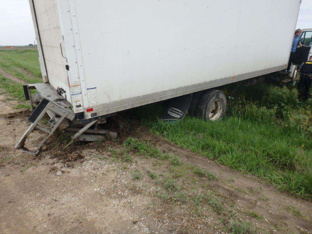 <b>The box truck sustained damage and had to be towed from the scene.</b> Photo courtesy Saline County Sheriff's Office